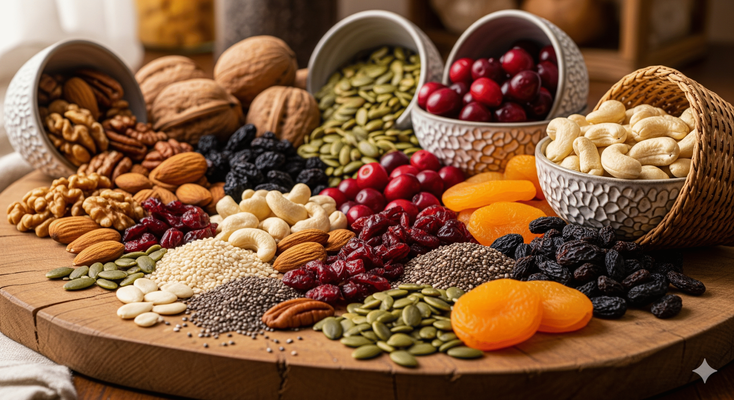 Obraz pokazujący orzechy, nasiona i suszone owoce